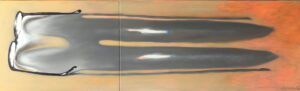 Leen van Duivendijk, bril op tafel, 60x120, olieverf en acryl op 2 doeken.