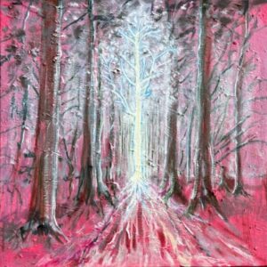 Leen van Duivendijk, Rode bos met lichtboom, olieverf en pigmenten op doek, 50x50 cm